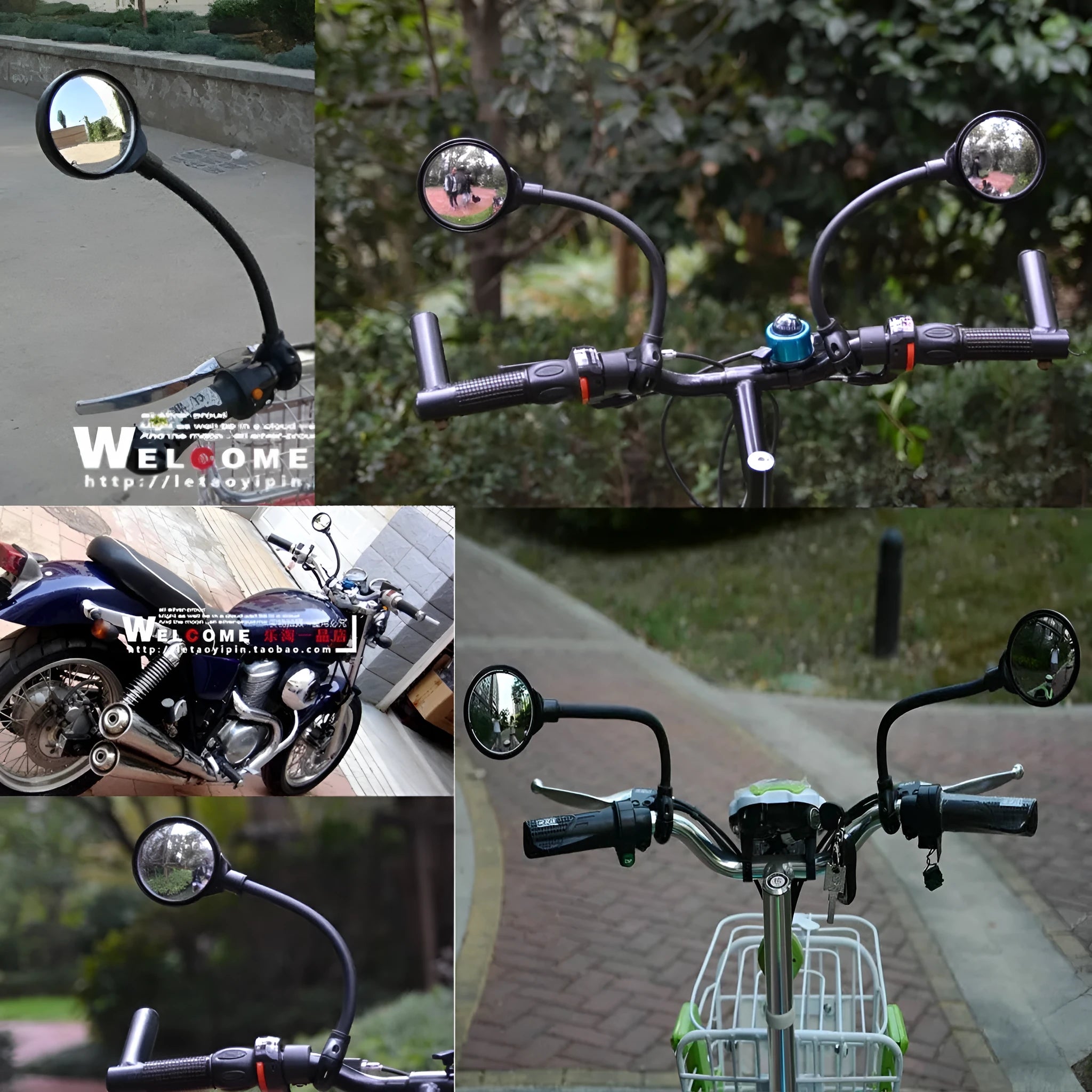 Black bicycle rearview mirror with hose adjustment system attached to handlebar