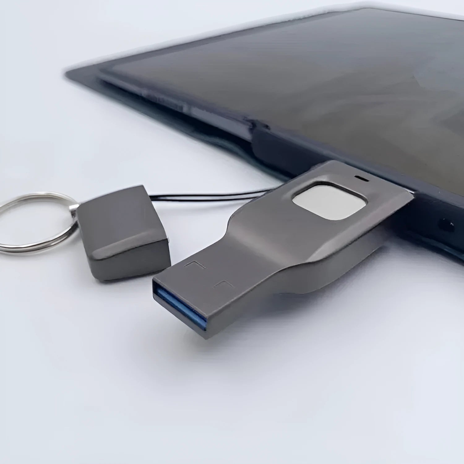 Fingerprint secured USB flash drive with dual USB 3.0 and USB-C connectors in metal housing