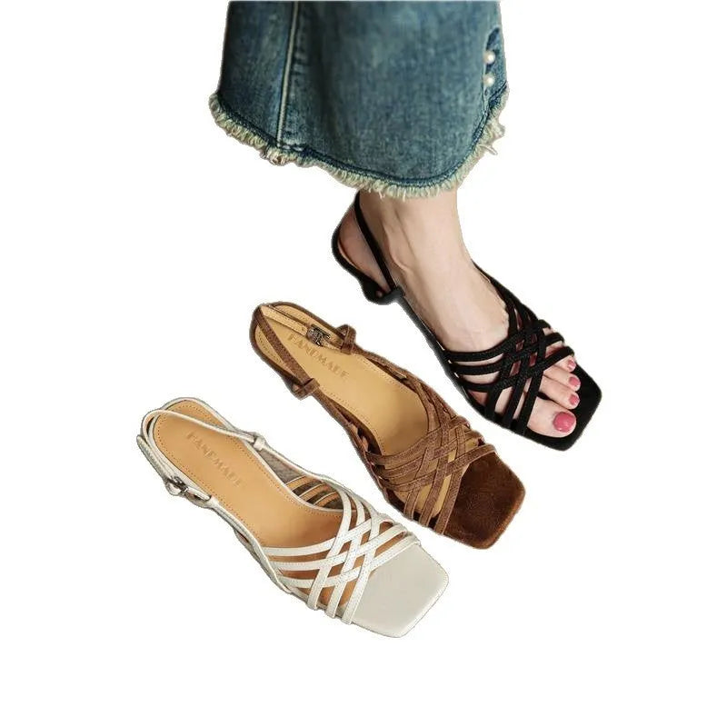 Women's retro high heel sandals with thin cross straps and ankle buckle in light brown
