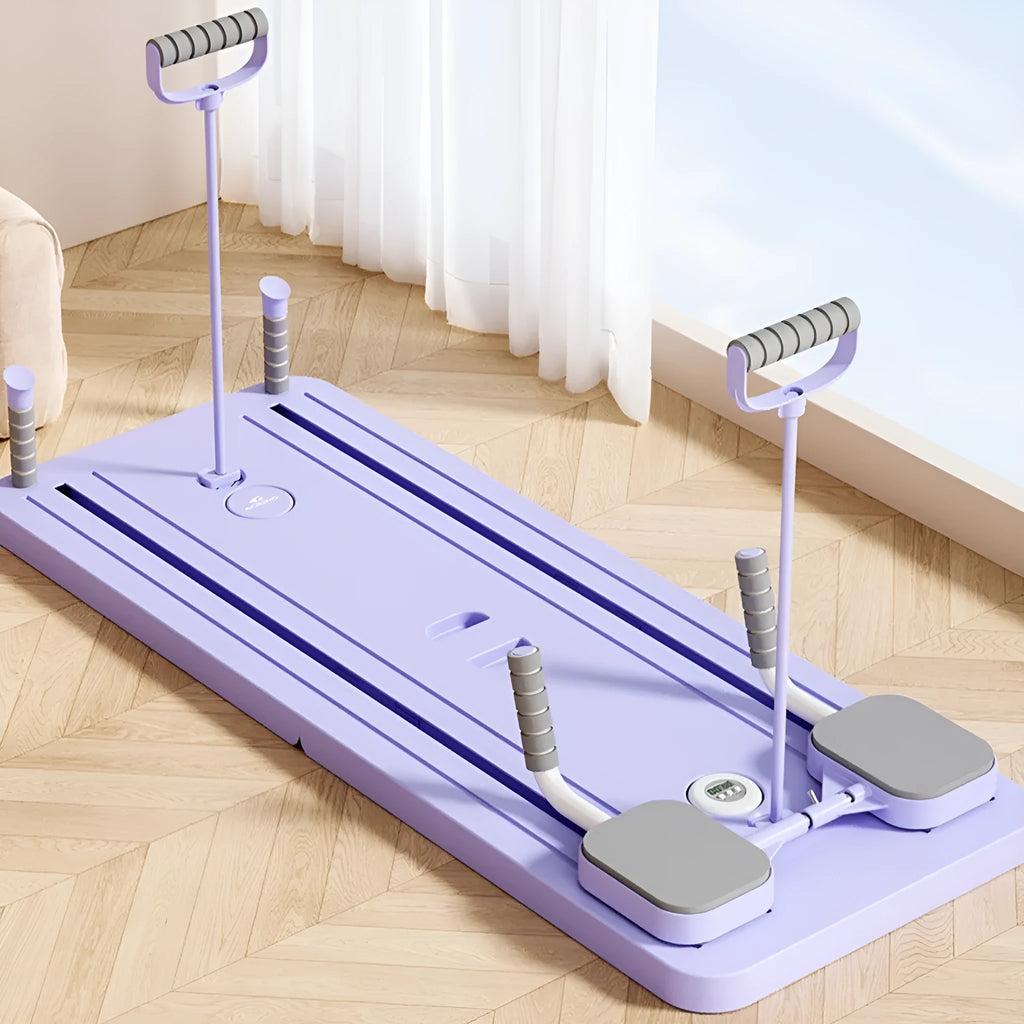 Standard purple multi-functional fitness board with automatic rebound abdominal wheel for core training.
