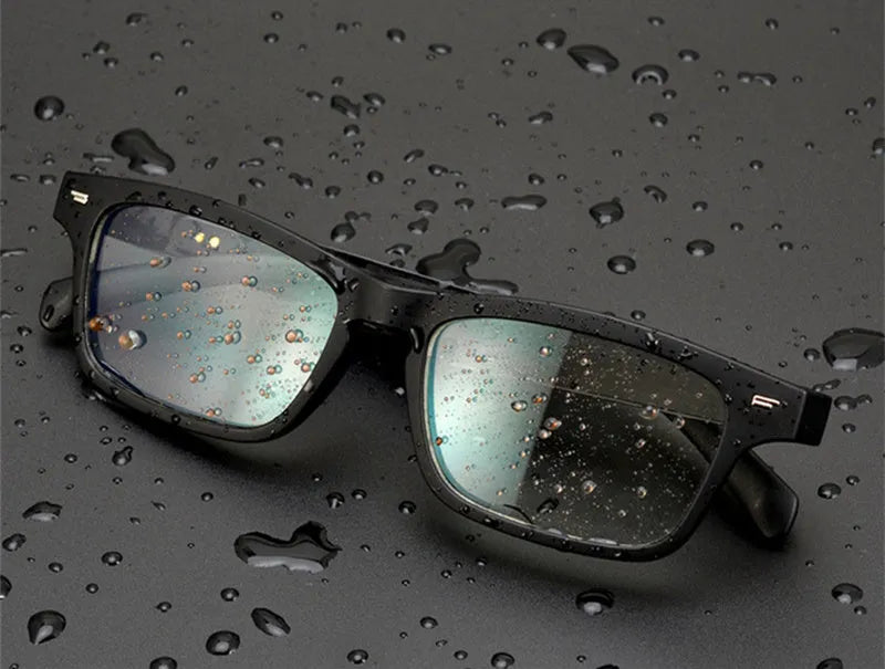 Black smart glasses with Bluetooth open-ear audio speakers on temples and choice of lenses