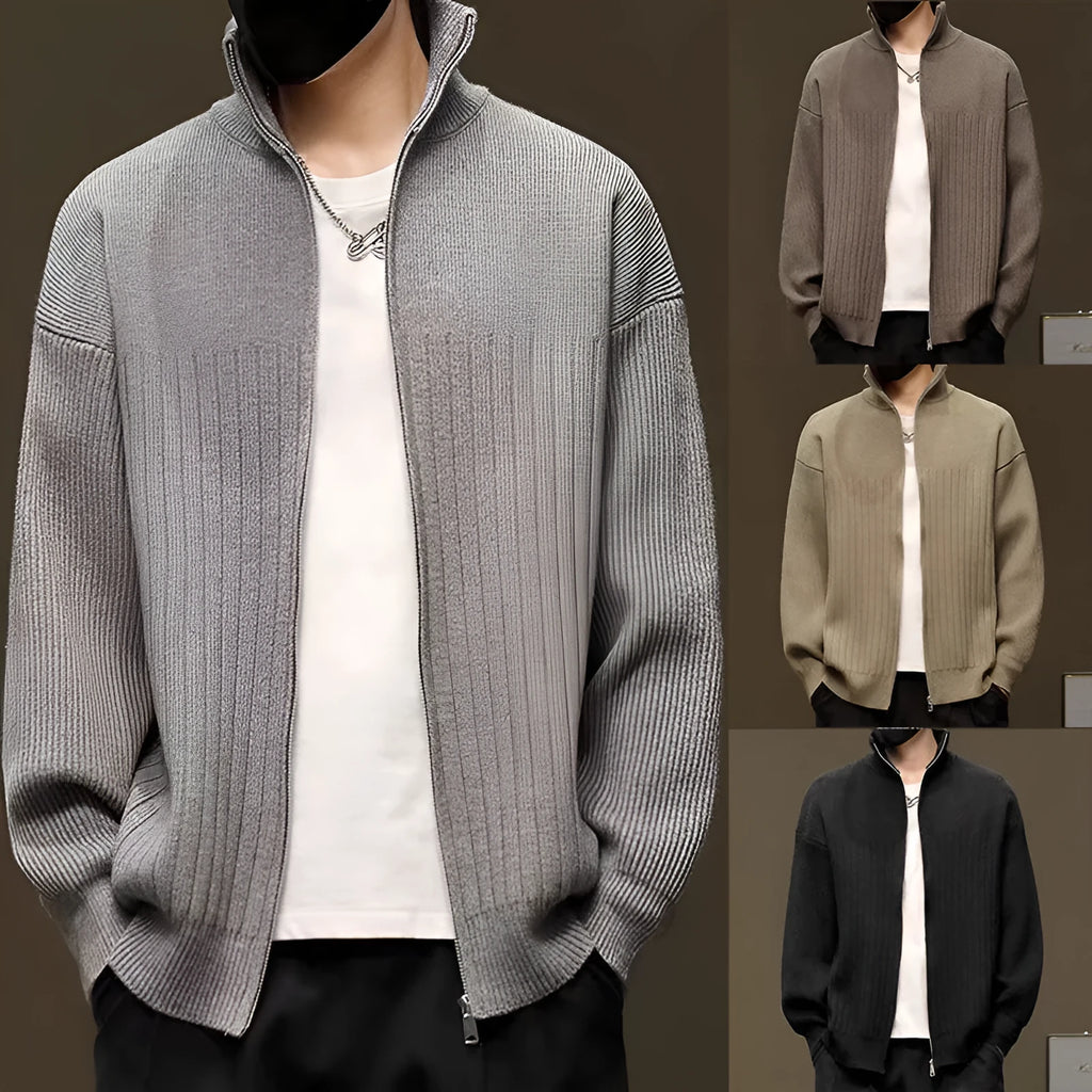 Men's striped cardigan sweater in gray with loose fit, long sleeves, and button front