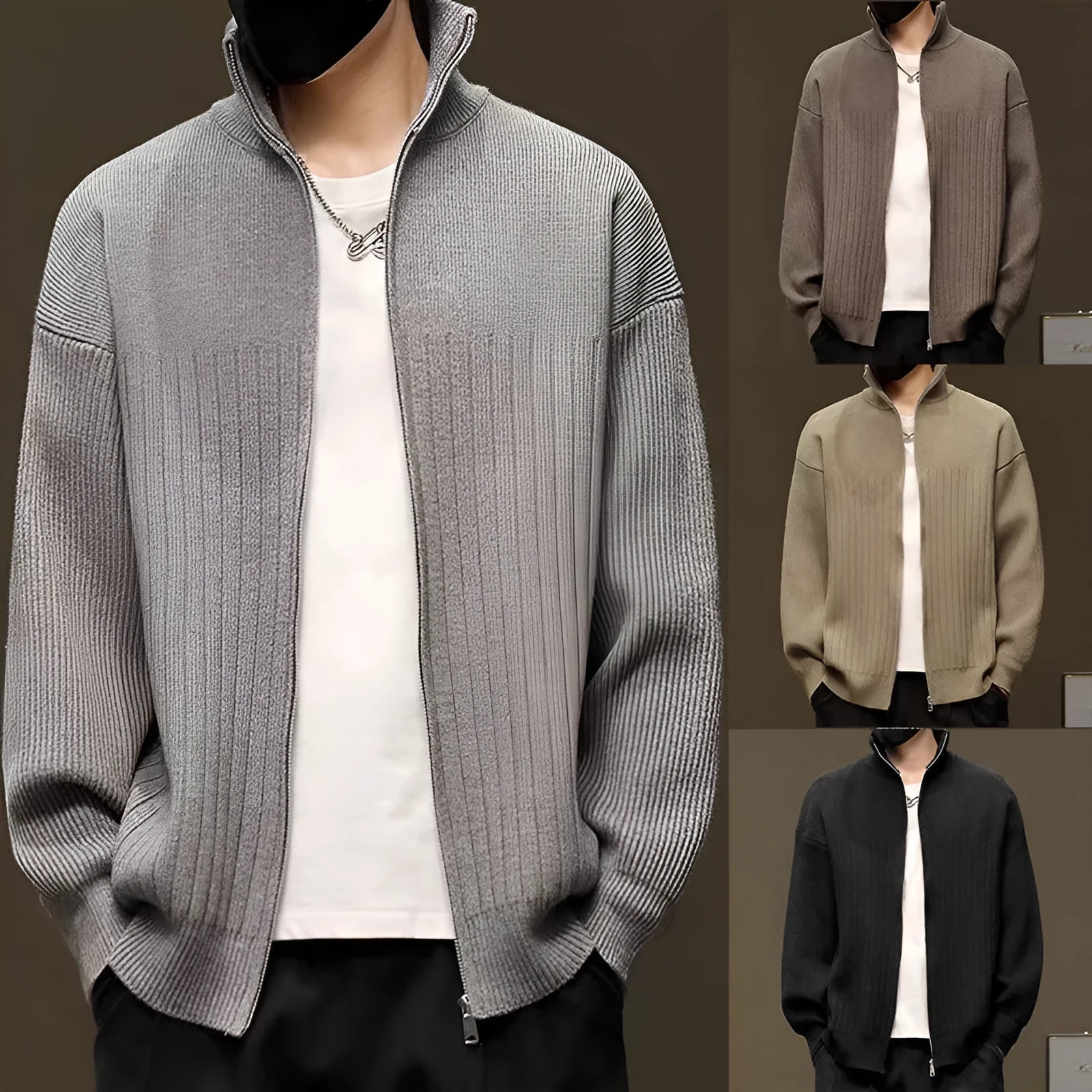 Men's striped cardigan sweater in gray with loose fit, long sleeves, and button front