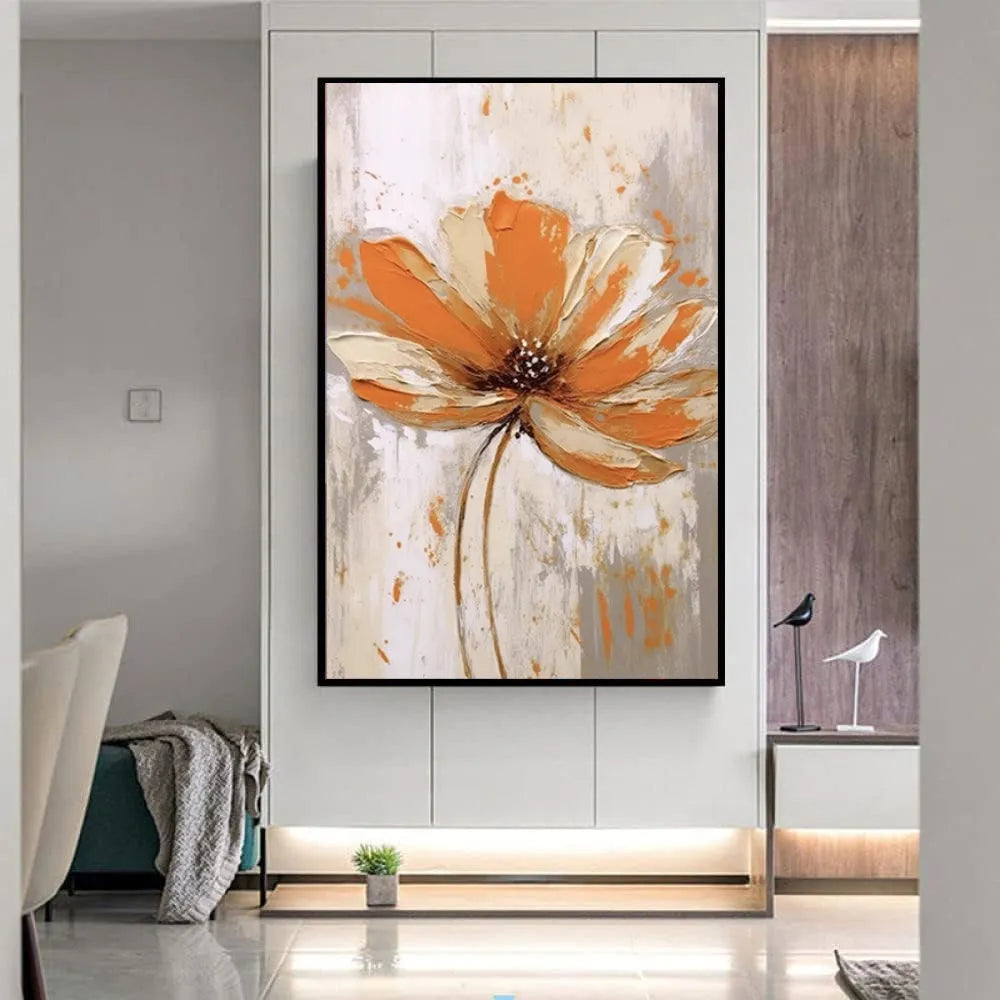 Handmade orange flower oil painting on canvas, modern abstract vertical wall art, frameless and unstretched