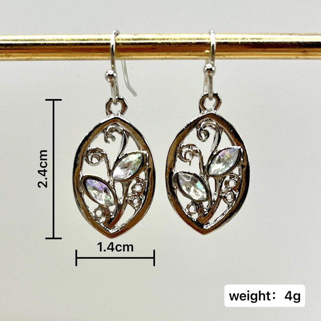 Silver alloy leaf earrings with embedded colourful moonstone gemstones for women