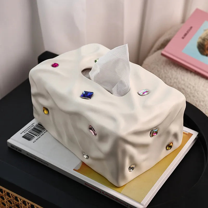 Ceramic tissue box holder in light luxury gem party style, shown in matte coconut milk white and silver electroplated finishes.