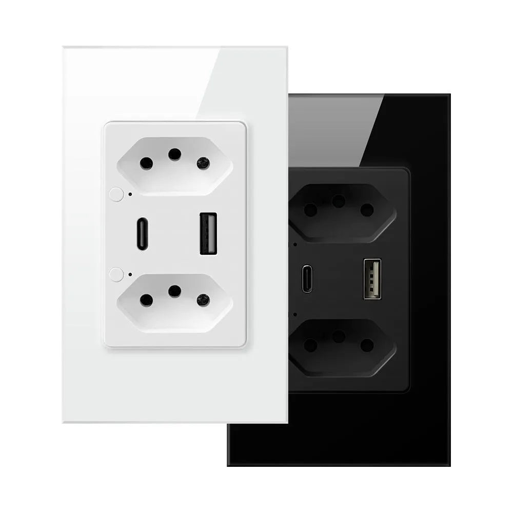Brazil wall socket with six holes, two USB and one Type-C port, in black, with independent socket control