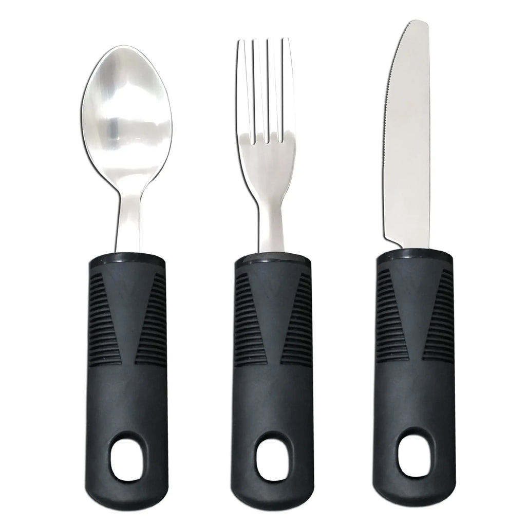 Stainless steel adaptive cutlery set with black rubber handles, showing spoon and fork.