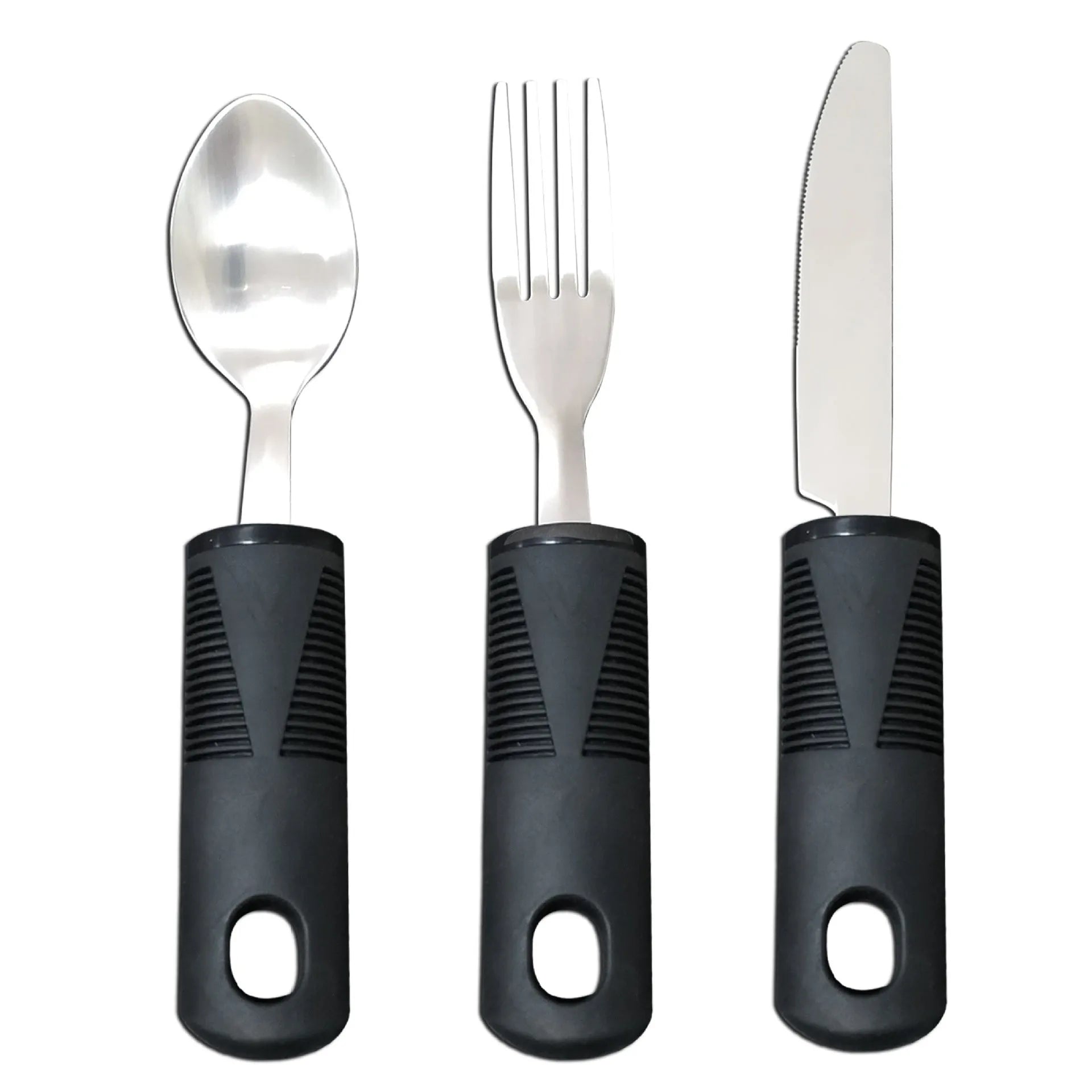 Stainless steel adaptive cutlery set with black rubber handles, showing spoon and fork.