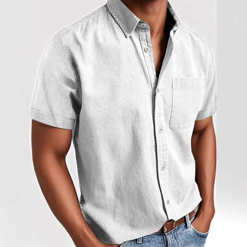 Men's solid colour short-sleeve shirt with a polo collar and a single chest pocket.