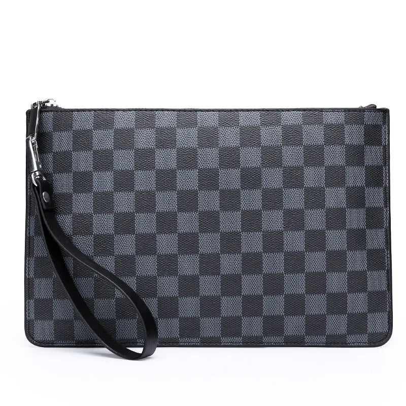 Men's soft black plaid PU leather clutch wallet open to show six card slots and a zipper pocket.