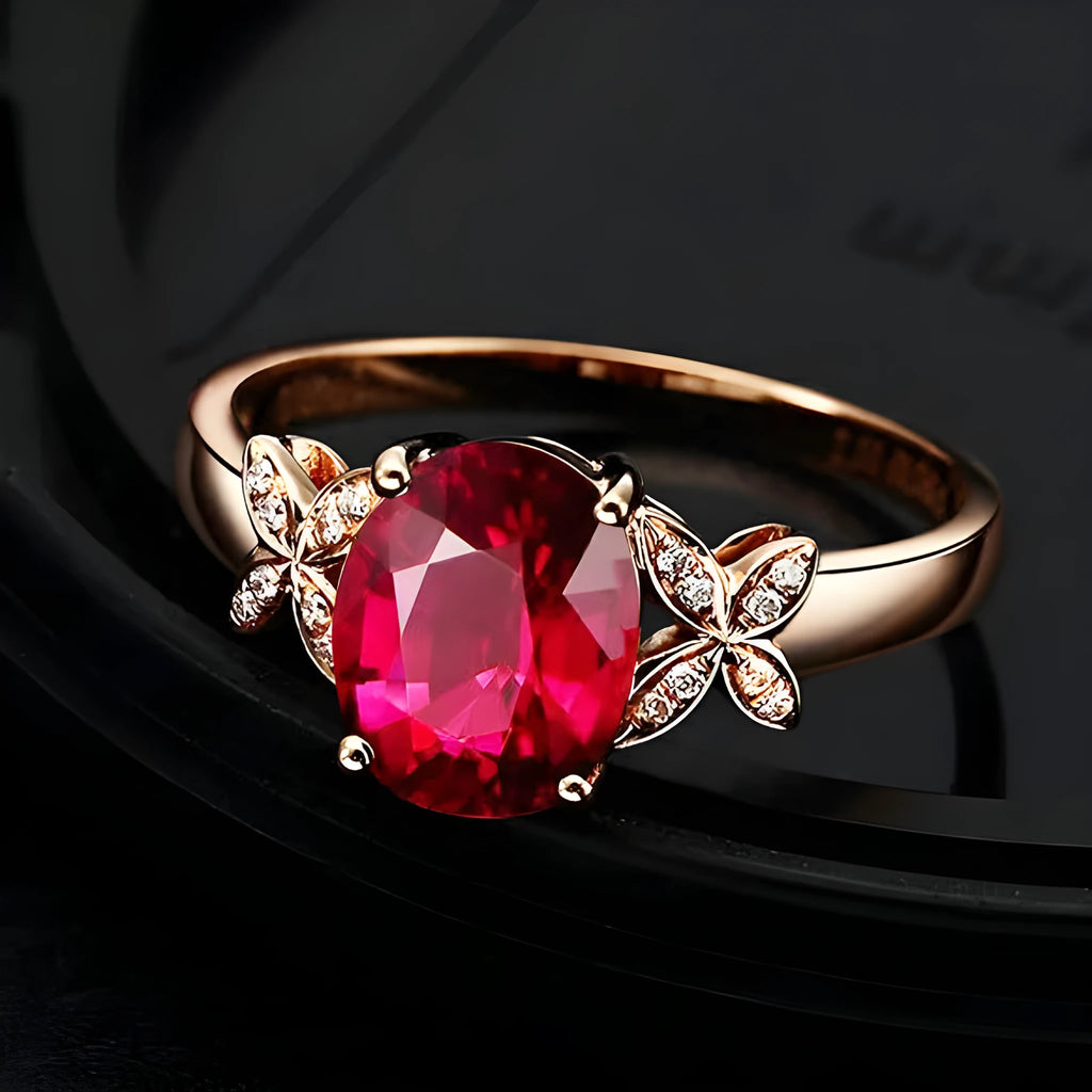 Women's copper butterfly ring with heart design in 18k rose gold tone, blue and red options