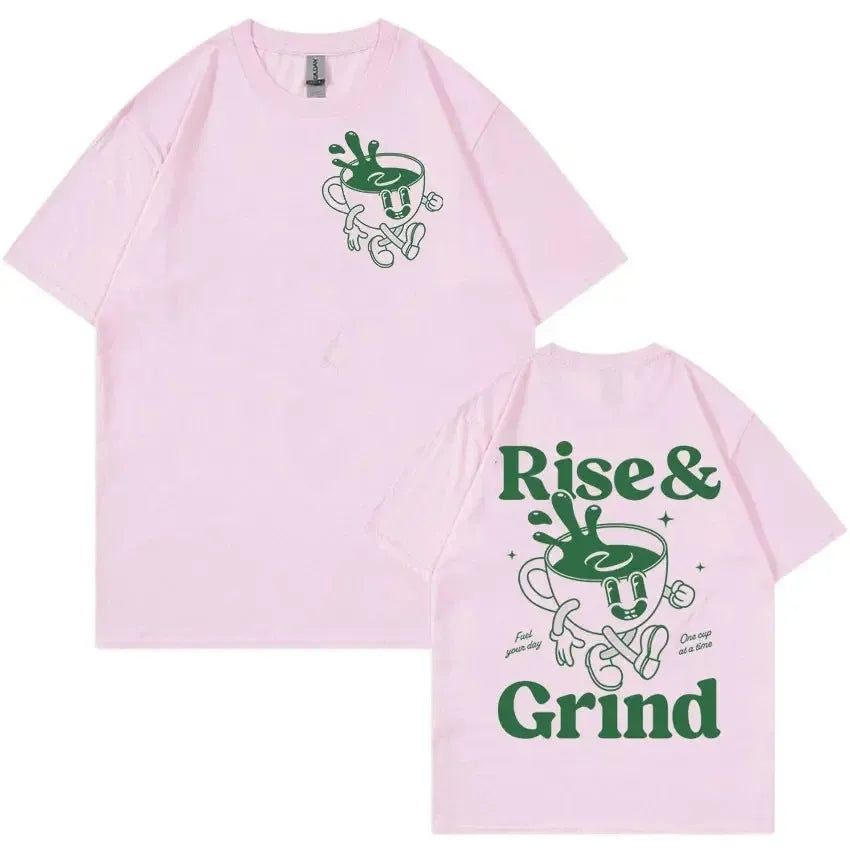 Man's loose-fit linen-blend t-shirt with Rise And Grind green coffee cartoon print
