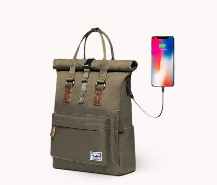 Casual black polyester backpack with a cover flap, showing internal computer pocket and zipper pocket.