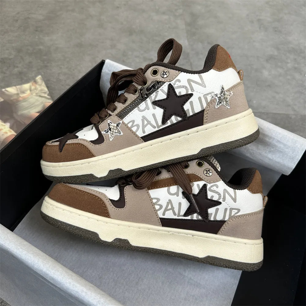 Brown low-top sneakers with candy-colour pattern, artificial PU upper, and rubber sole