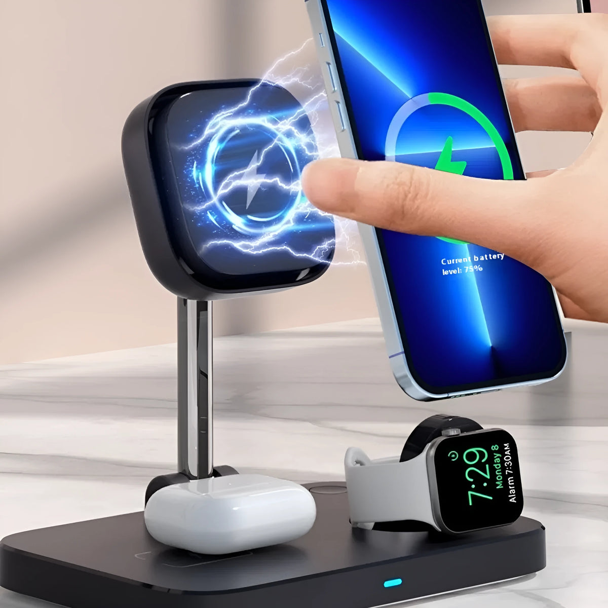 Black magnetic three-in-one wireless charger and cooling bracket on a desk, with phone upright and watch on base.