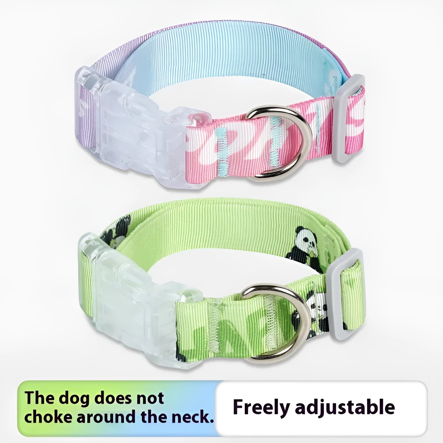 Adjustable nylon dog collar with cartoon gradient printing in panda green and other colours.