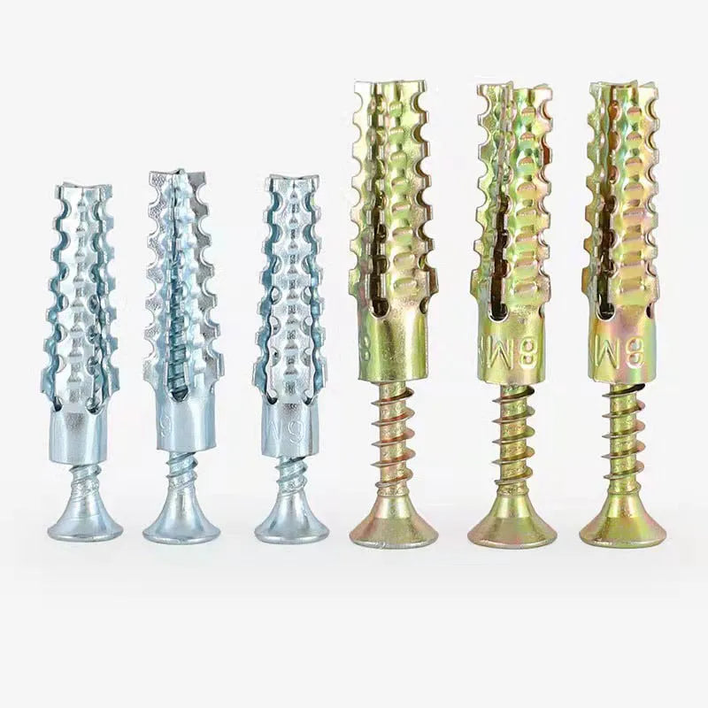 Close-up of metal expansion screw showing barbed serrations and iron construction.