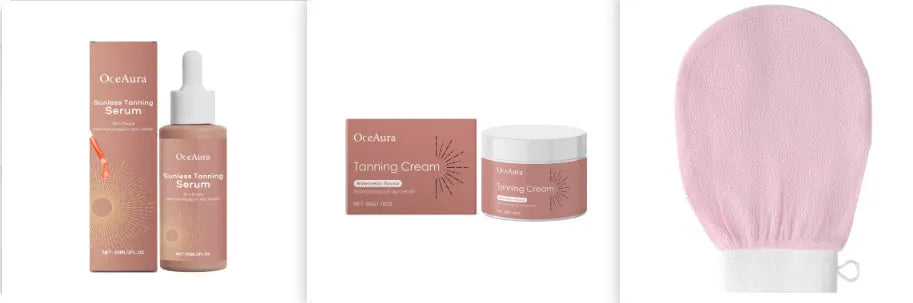 Self tanning cream with coconut oil and walnut shell extract in 60ml set with essence and bath gloves