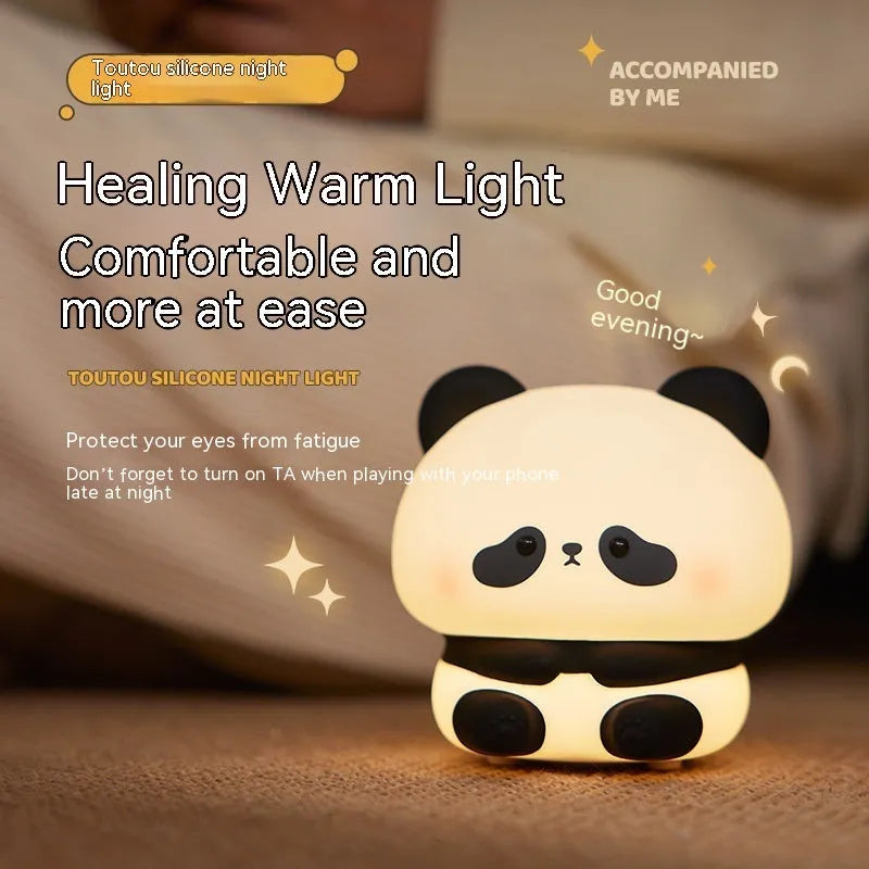 Panda LED night light made from soft silicone with USB rechargeable touch control, 2W, 1200mAh battery.