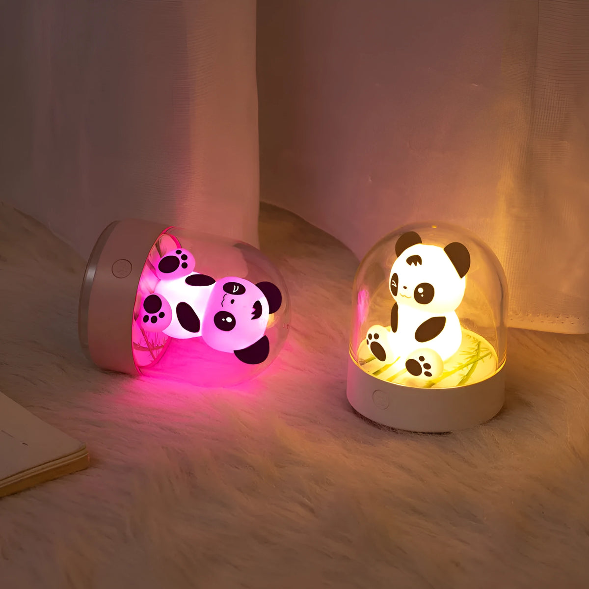 3D panda car bedside night light with USB charging, four colour LEDs, and aromatherapy cotton in pink and white