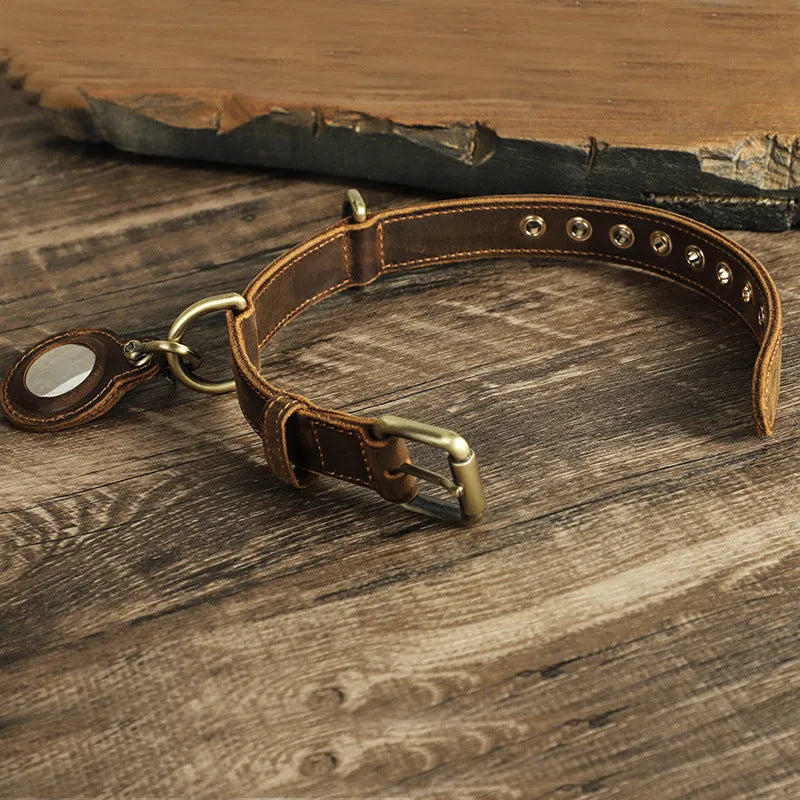 Brown handmade double-sided cowhide dog collar with tracking halter positioning