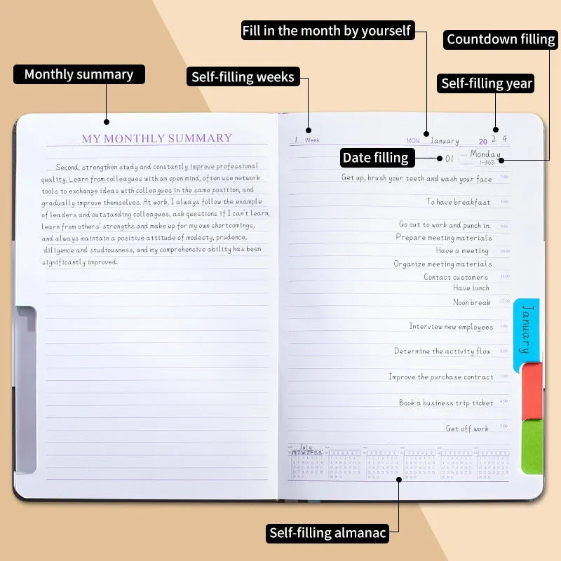 No date notebook with elastic strap in purple PU leather cover showing thread binding and planning stickers