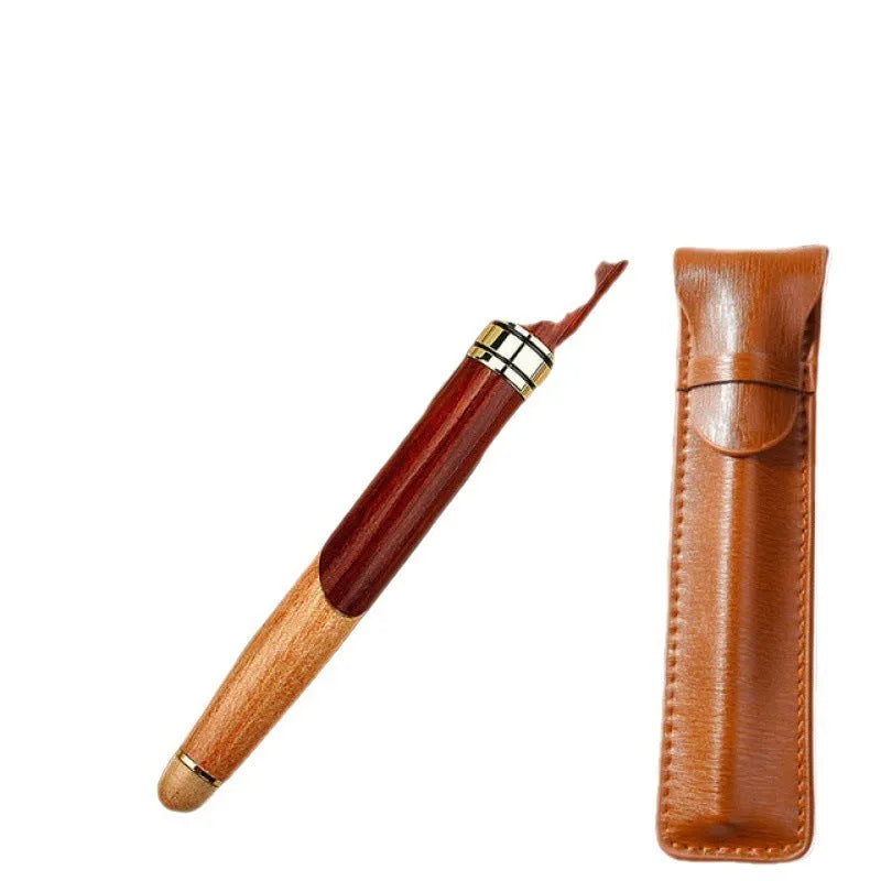 Wooden ballpoint pen with metal details shown alongside its grey fabric carrying bag.