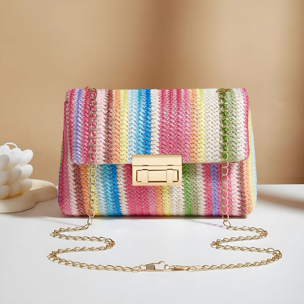Women's straw cross-body bag with square shape and phone compartment in blue colour