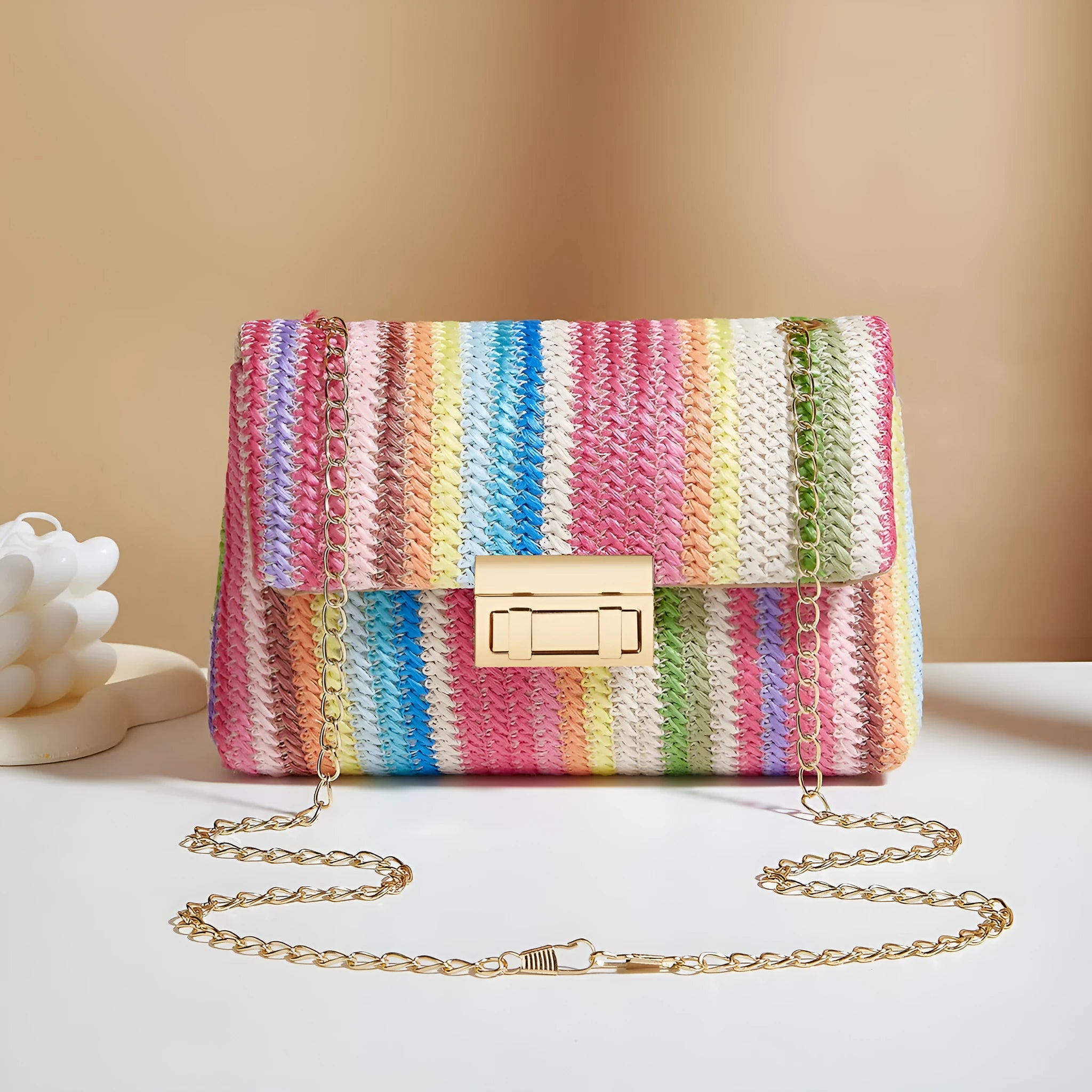 Women's straw cross-body bag with square shape and phone compartment in blue colour