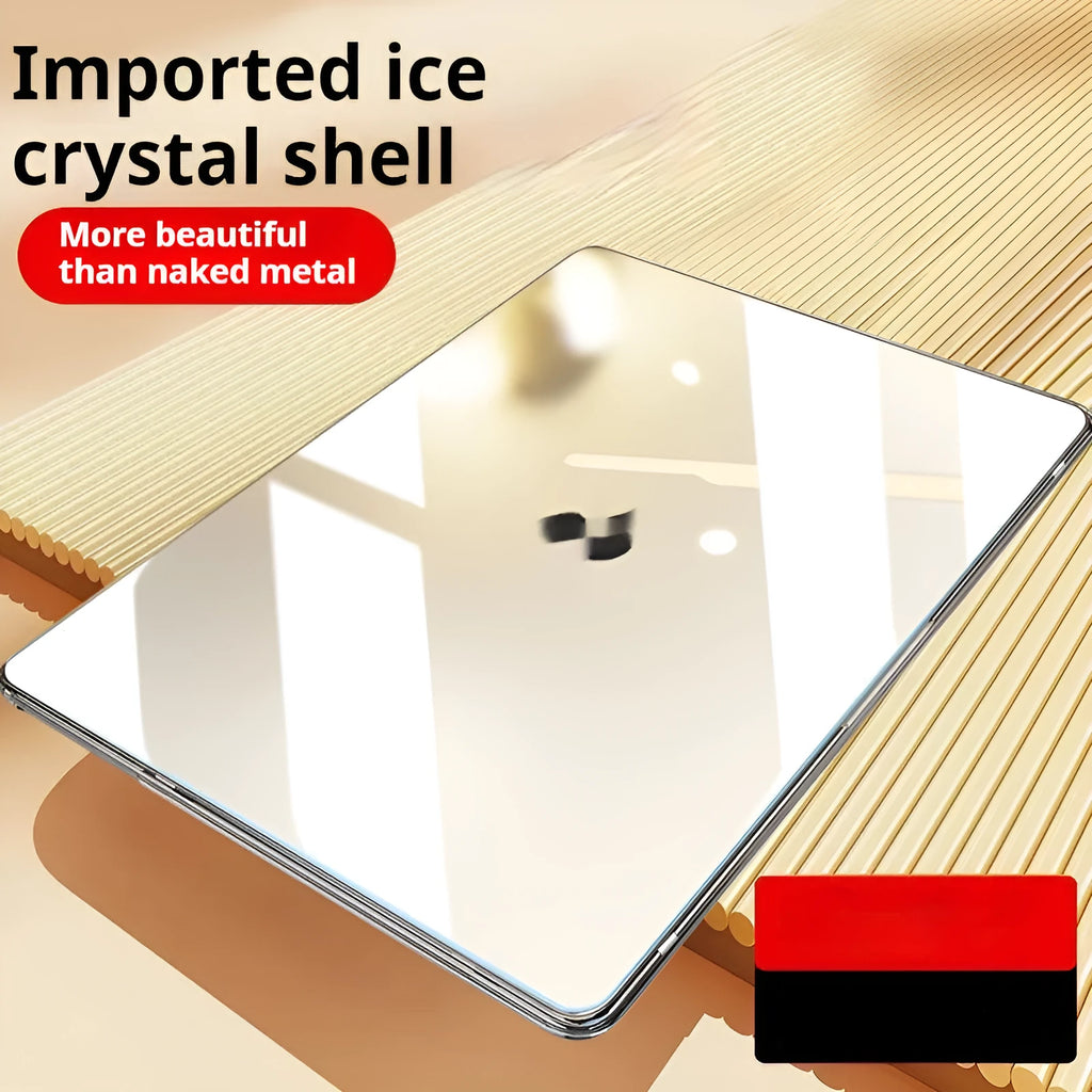 Clear plastic protective shell case on a MacBook laptop in ice crystal transparent colour.