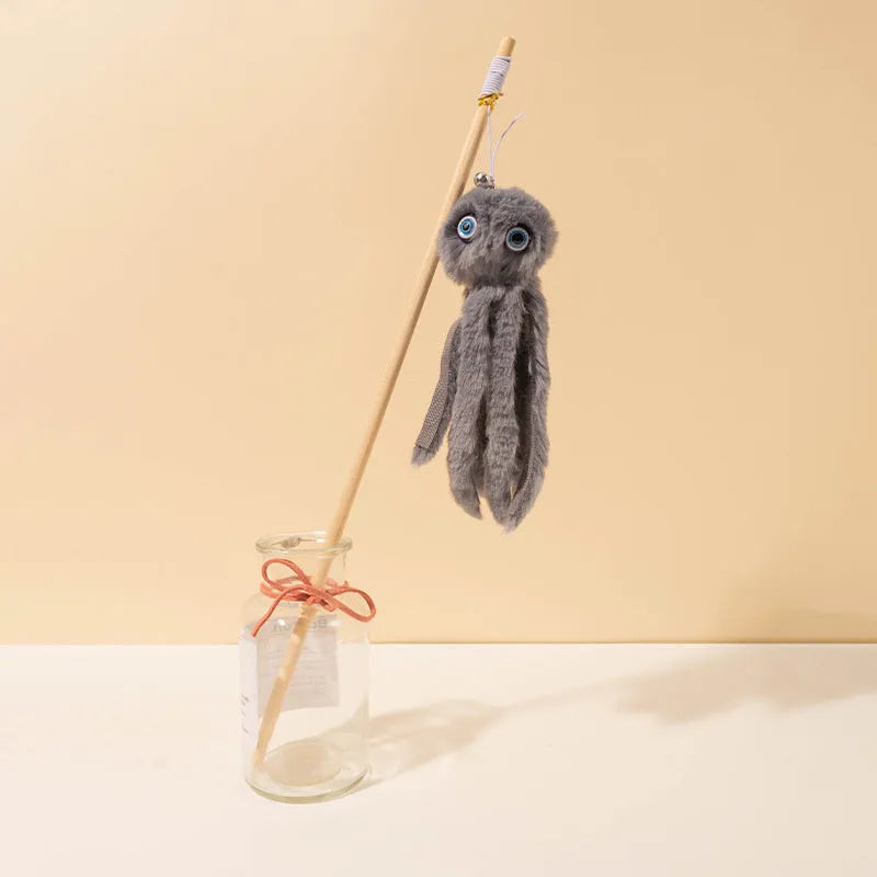 Octopus cat toy with long stick in grey, pink, purple or red colours for indoor kittens