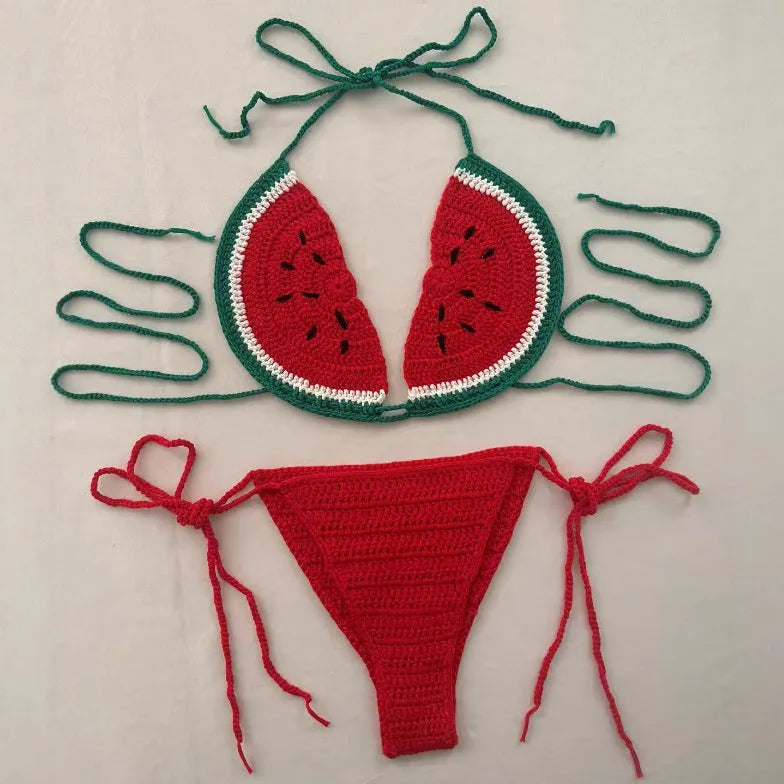 Handmade crocheted two-piece bikini set in mixed colour with lace-up shoulder straps on a model