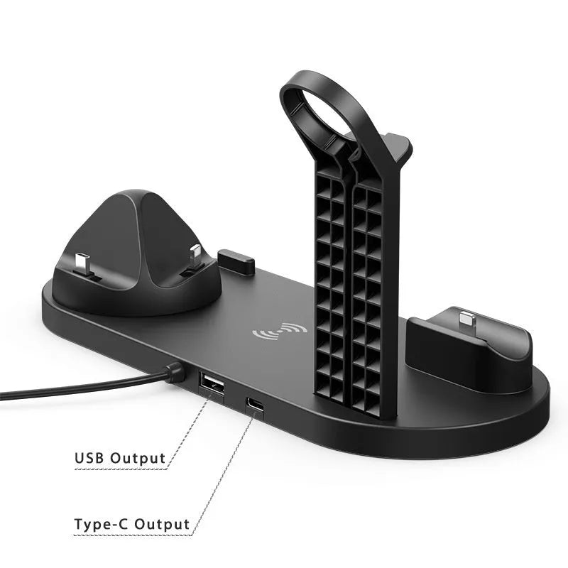 15W wireless charging stand with phone, headset and watch holders in metallic finish