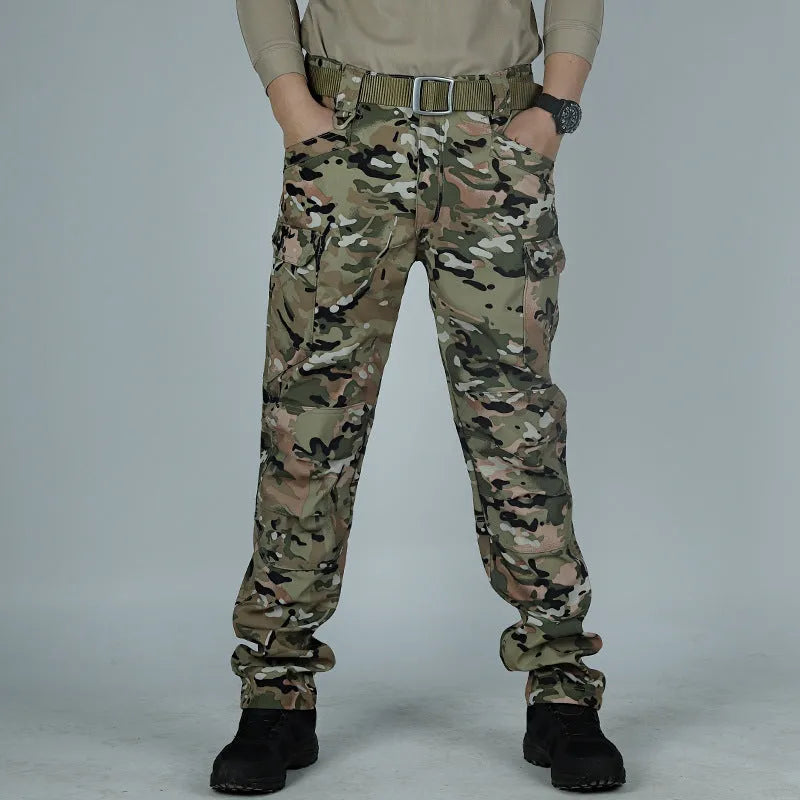 Men's camouflage stretch trousers in X9 khaki, loose fit, chemical fibre blend, outdoor wear