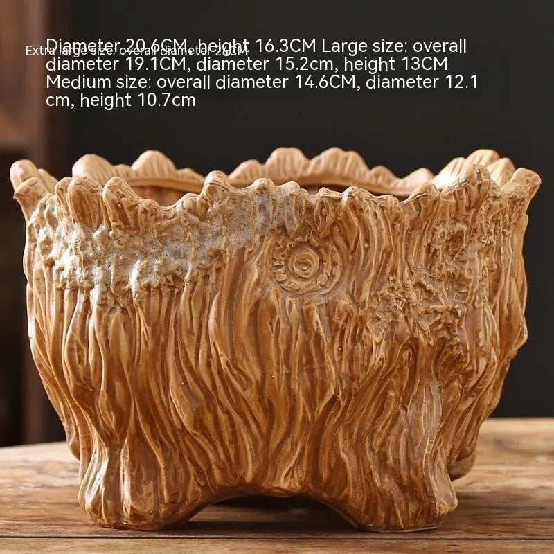 Ceramic flower pot in wood shaped tree root design for succulents, available in extra large size