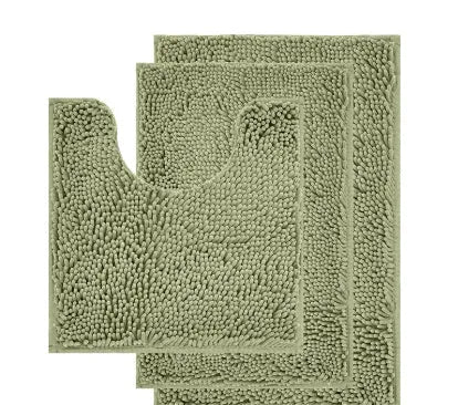 Dark green chenille U-shaped three-piece bathroom toilet carpet set on tiled floor.