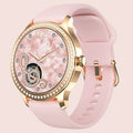 Women's gold Milanese steel band smart watch with Bluetooth calling and health monitoring display on screen