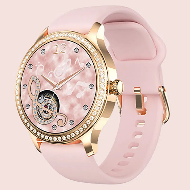 Women's gold Milanese steel band smart watch with Bluetooth calling and health monitoring display on screen