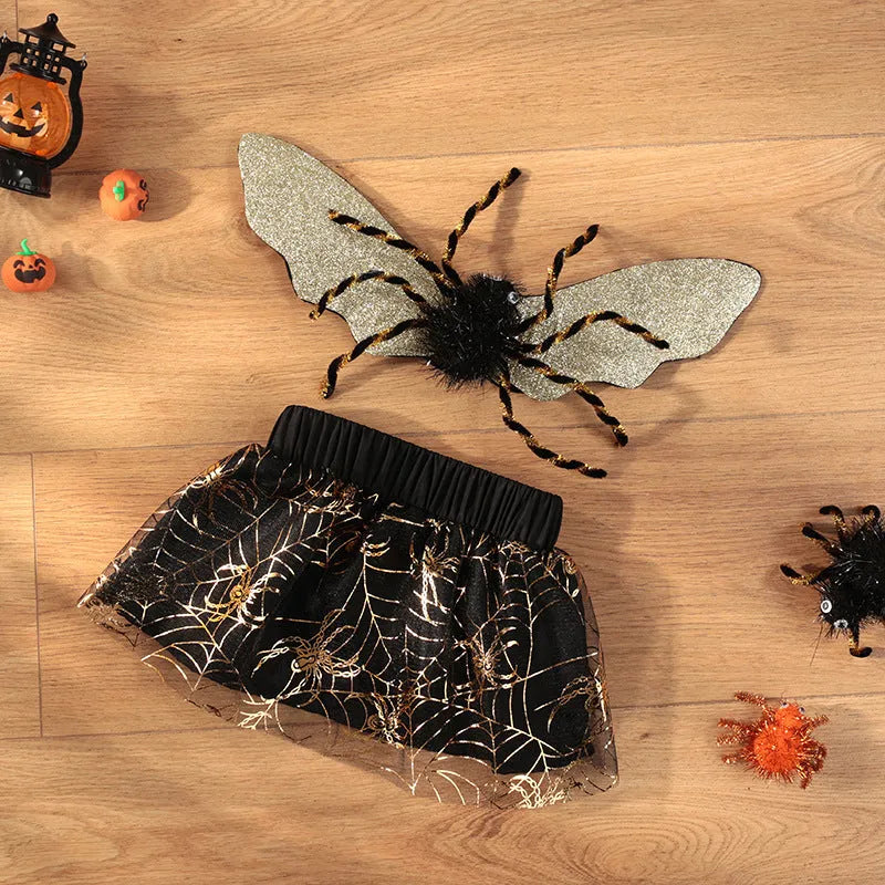 A dog wearing a full-body polyester suit costume for Halloween, available in sizes S, M, L, and XL.