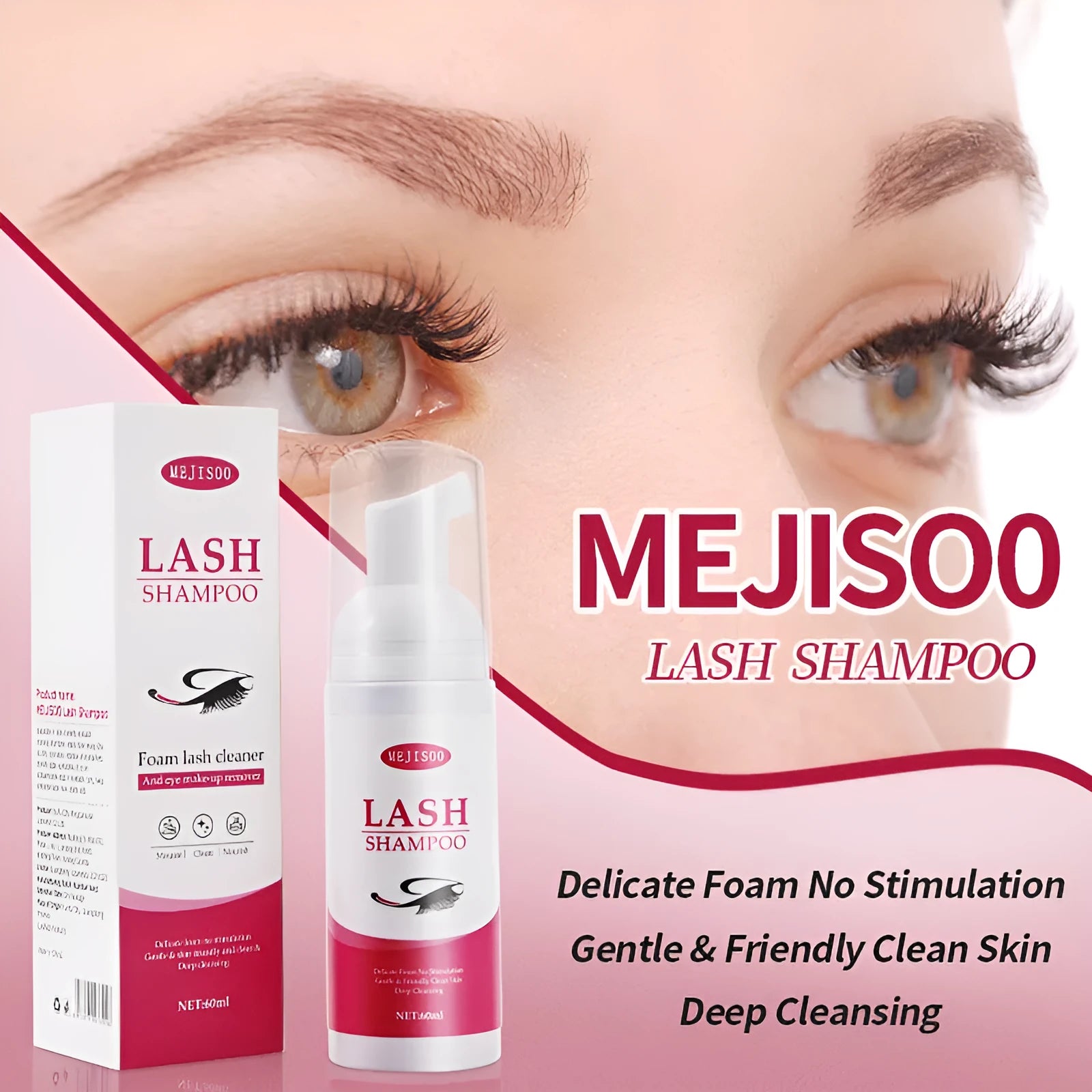 60ml bottle of eyelash cleaning mousse with pump, dimensions 3.7cm by 13.5cm.