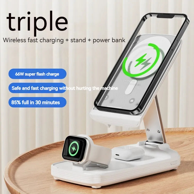 White three-in-one Magsafe wireless fast charging folding magnetic power bank 10000mAh with phone attached in upright position