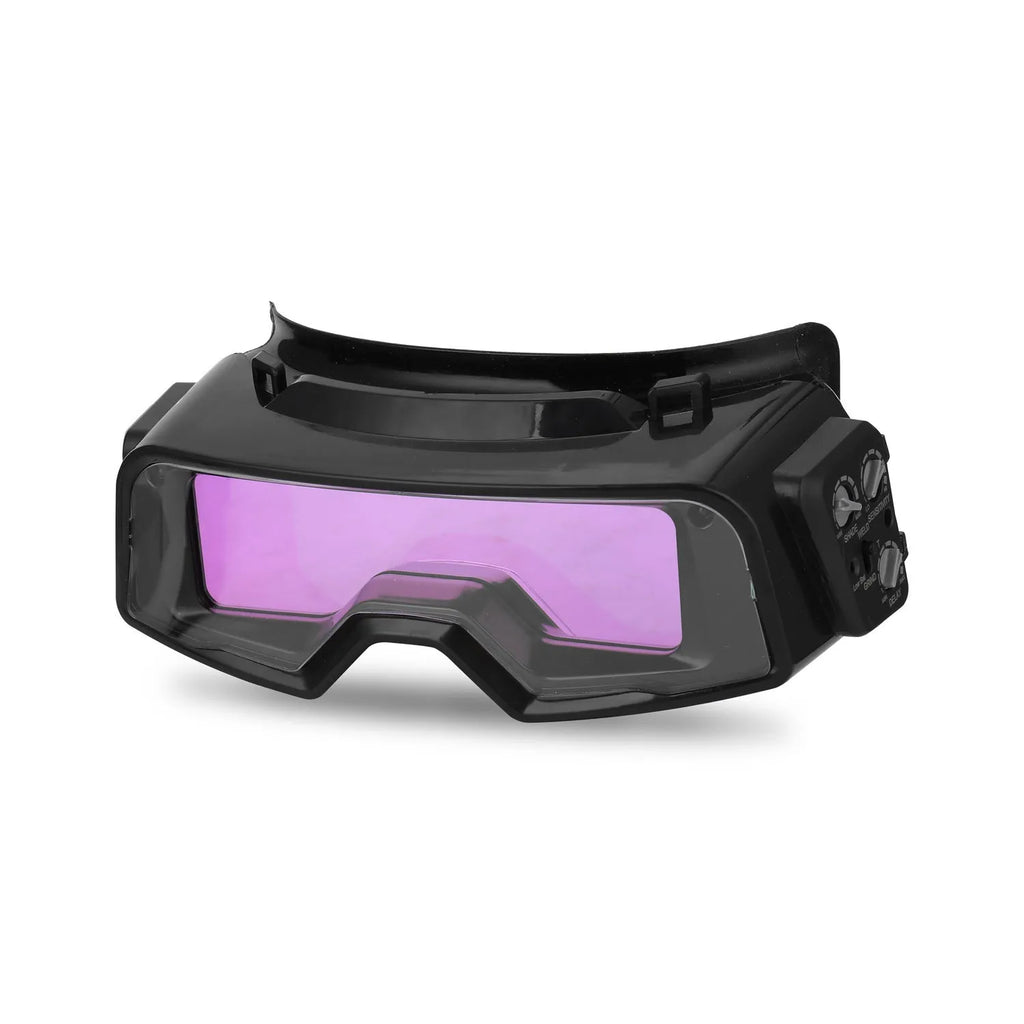 Black automatic welding mask with auto-darkening lens and adjustable sensitivity for electric welding protection.