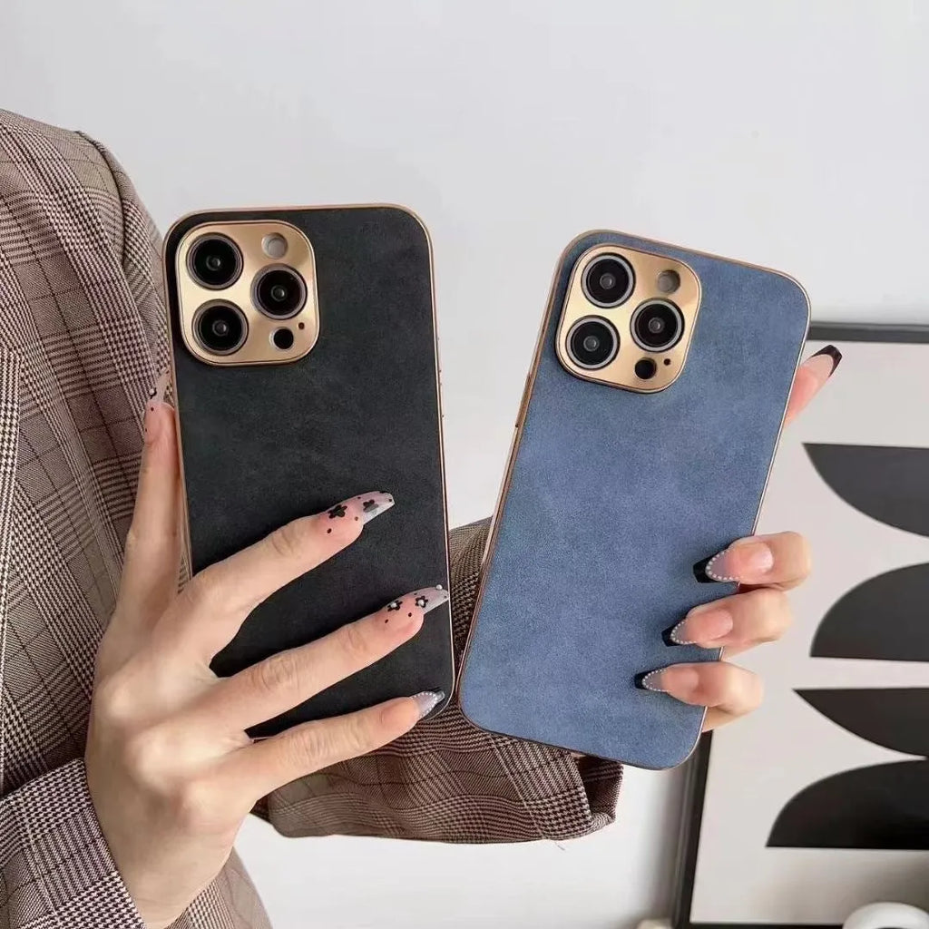 Leather-textured TPU phone case for iPhone in grey, black, grey-green, and blue colour options.