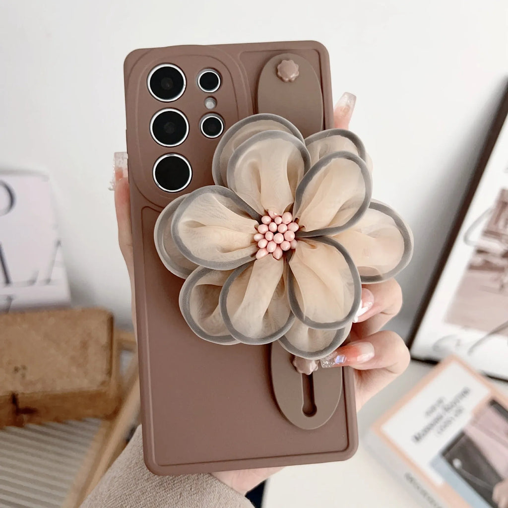 Brown frosted silicone phone case with built-in bracket and wrist strap for Samsung smartphone