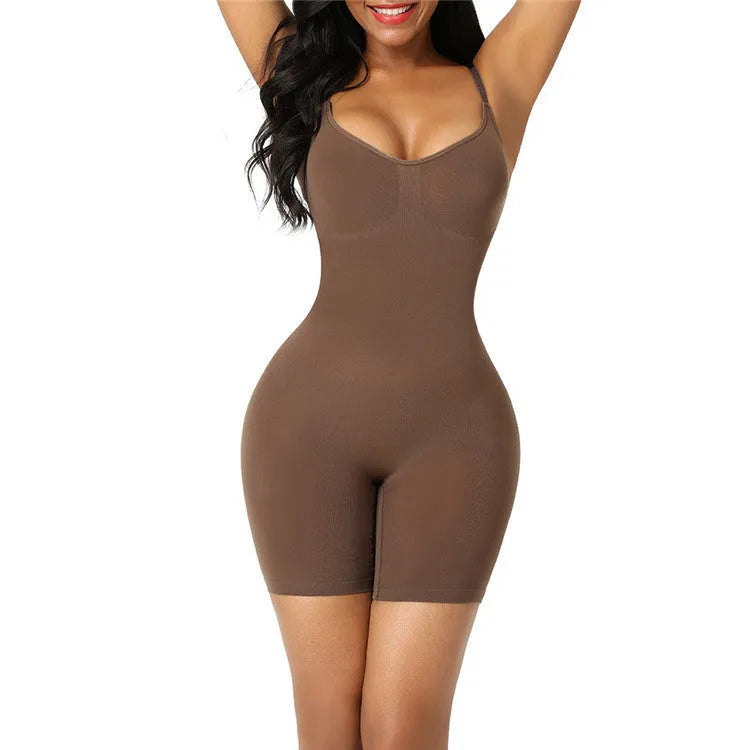 Seamless nylon body-shaping corset jumpsuit in black with belly contracting and chest support