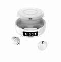 Mini wireless semi-in-ear headphones and charging case in black, colour, or white.