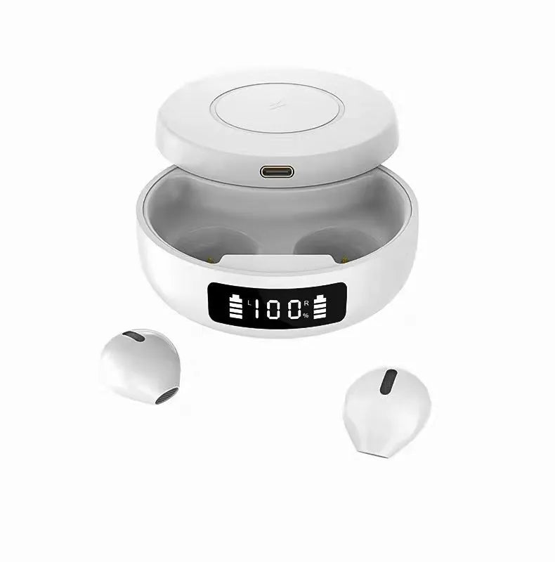 Mini wireless semi-in-ear headphones and charging case in black, colour, or white.