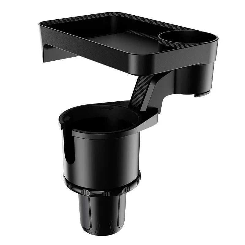 Black ABS plastic car-mounted rotating dinner tray holder with an integrated cup holder.
