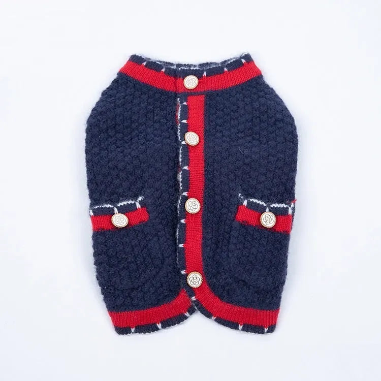 Blue wool pet cardigan with princess styling on dog model showing classic design